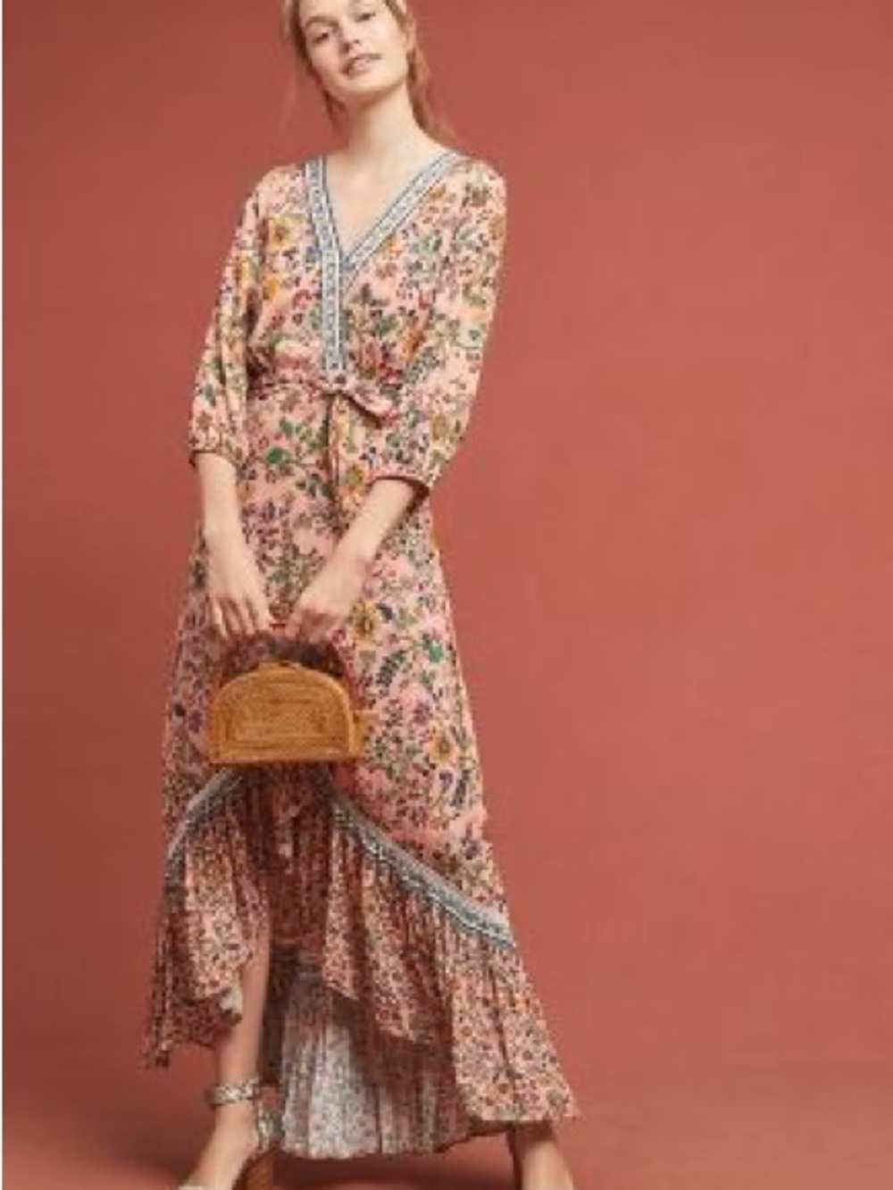 Anthropologie Pink Floral V-Neck Wrap-Style Maxi Dress by Farm Rio